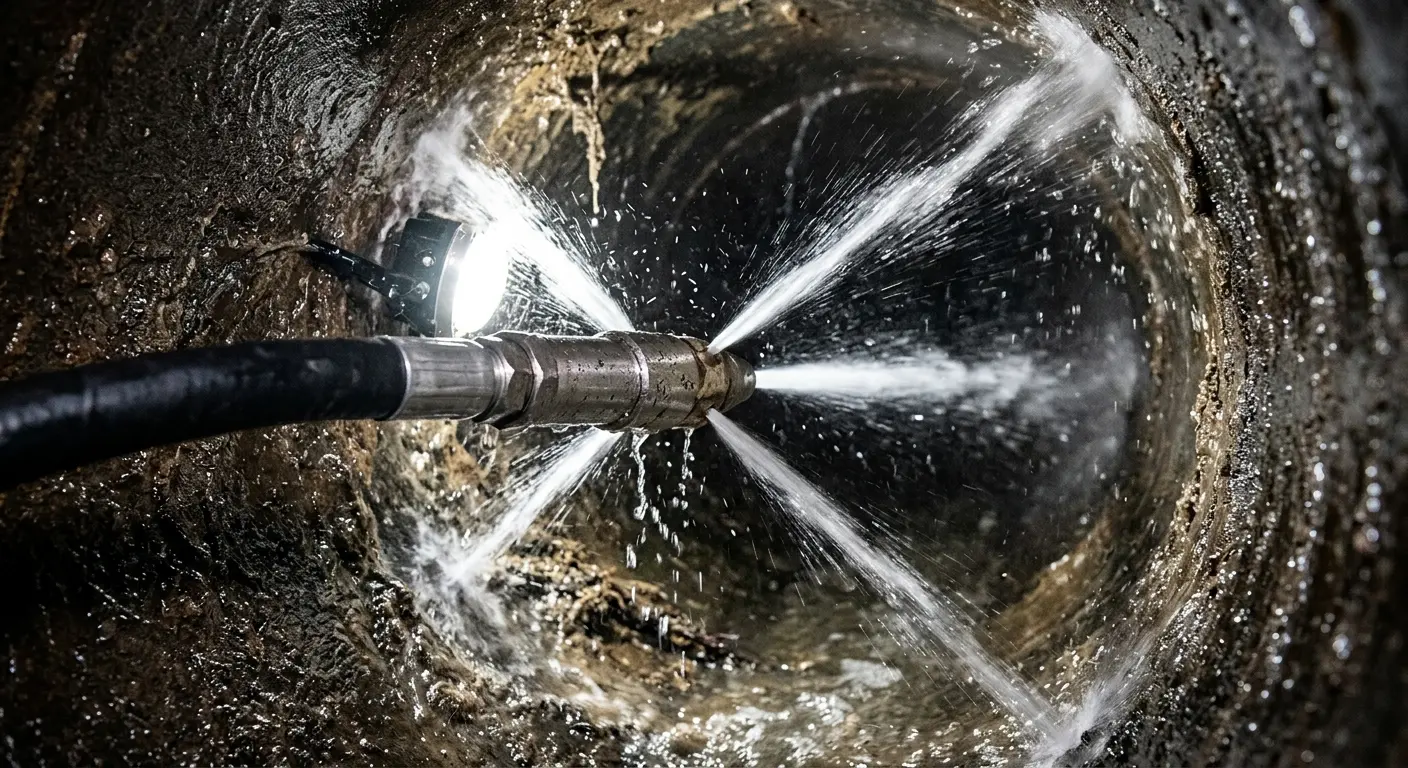 High-pressure hydro jetting nozzle cleaning sewer pipe for Sewer Cleanout in Loveland