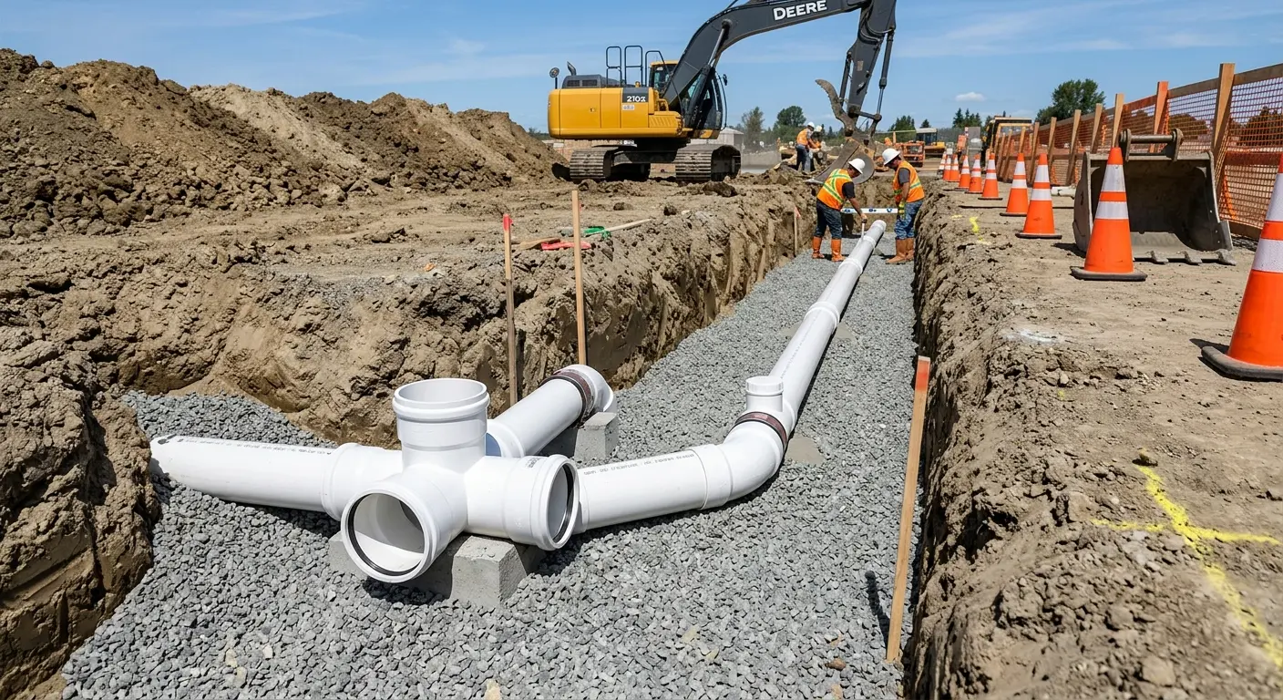 New PVC sewer pipe installation in open trench for Commercial Drain Cleaning in Loveland