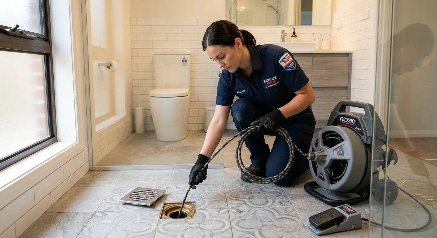 Technician clearing a bathroom floor drain for Drain Cleaning in Loveland